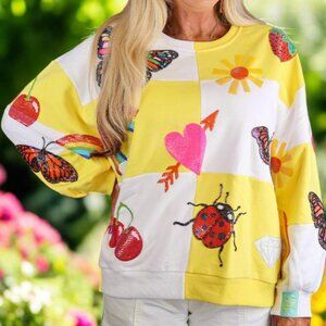 NWT Queen of Sparkles Yellow and White Checkered Summer Icon Sweatshirt